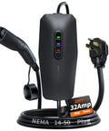 Plug And Play Level 2 Tesla Charger 32 Amp Portable Ev Charging Station With 20 Ft Cable 240V Nema 14-50 showing charging status indicators.