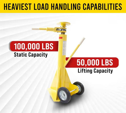 Tough As Nails 2 Pack Semi Trailer Stabilizing Jacks with 100000 Lb Static Load Rating and 50000 Lb Lift Capacity, yellow finish.