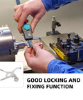 Heavy Duty Drill Press Clamp For Woodworking And Welding Jobs, Carbon Steel Vise Hold Down Fixture With Silver Finish measuring a metal piece.