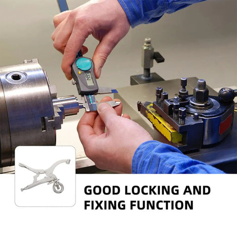 Heavy Duty Drill Press Clamp For Woodworking And Welding Jobs, Carbon Steel Vise Hold Down Fixture With Silver Finish measuring a metal piece.