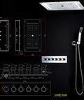 Top Shelf Thermostatic LED Shower System With Ceiling Mounted Rain Showerhead And Solid Brass Handheld Sprayer Plus Anti Scald Multi Function Bathroom Faucet Set schematic with dimensions.
