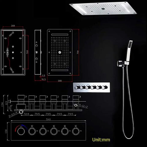 Top Shelf Thermostatic LED Shower System With Ceiling Mounted Rain Showerhead And Solid Brass Handheld Sprayer Plus Anti Scald Multi Function Bathroom Faucet Set schematic with dimensions.