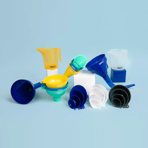 Color Coded Automotive Flex Funnel Kit With Hose And Mesh Filter 2 Pack, assorted funnels in various colors on light background.