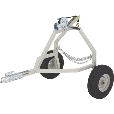 Heavy Duty Atv Log Skidding Arch Rated One Thousand Pounds Features Rugged Steel Build Smooth Pneumatic Wheels Quick Lock Hitch Coupler Hand Winch With Fifteen Foot Poly Strap Built To Yard Timber Like A Champ Without Breaking A Sweat