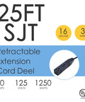 25 Ft Retractable Extension Cord Reel With 3 Outlets 16 AWG 3 Conductor SJTW Power Cable For Indoor And Outdoor Use UL Listed