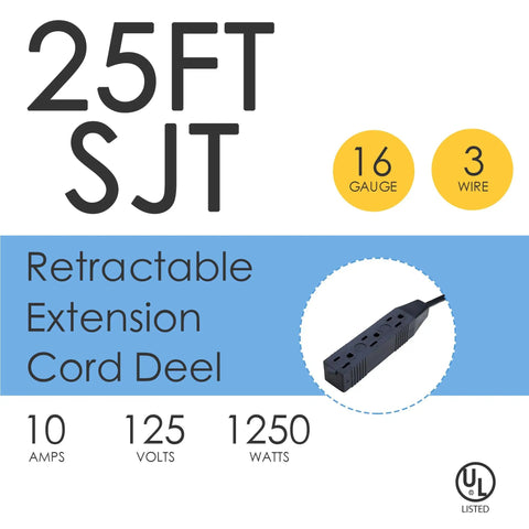 25 Ft Retractable Extension Cord Reel With 3 Outlets 16 AWG 3 Conductor SJTW Power Cable For Indoor And Outdoor Use UL Listed