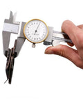 Person measuring Vintage Red Bronze Toggle Latch For Wood Jewelry Box Suitcase Clasp Hardware with digital calipers.