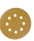 Heavy Duty 5 Inch Yellow Sanding Discs With Hook And Loop Velcro Backing Set Of 50 Pieces showing circular sandpaper disc with holes.