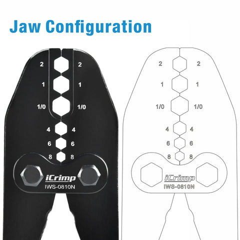 Jaw configuration of Beefy Heavy Duty Battery Cable Lug Crimp Tool For Eight AWG To One Zero AWG End Terminals showing hex die sets