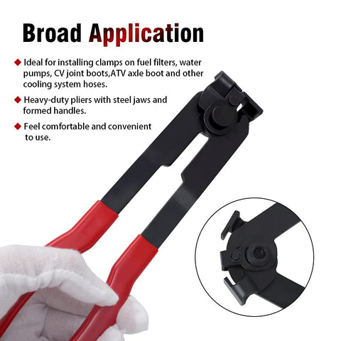 Go-To CV Joint Axle Boot Clamp Pliers Tool With 24 Crimp Bands Ear Type Extension, shown with red handles and steel jaws