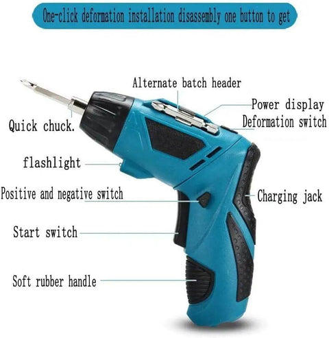 Drop Dead Easy Lithium Ion Cordless Hammer Drill And Impact Driver Workhorse Kit With Rapid Charger and Tough Tote Bag for Wood, Metal, Stone and All Your Sunday Projects, showing side view with key features labeled.
