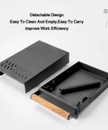 Heavy Duty Stainless Steel Espresso Knock Box With Shock Absorbing Removable Knock Bar And Spill Resistant Grounds Waste Dispenser showing detachable design and black finish.