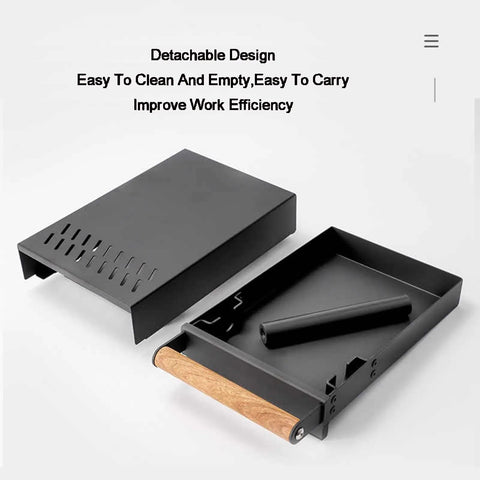 Heavy Duty Stainless Steel Espresso Knock Box With Shock Absorbing Removable Knock Bar And Spill Resistant Grounds Waste Dispenser showing detachable design and black finish.