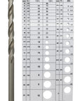 Front view of screw thread gauge card with metric and SAE sizes and drill/tap recommendations beside a twist drill