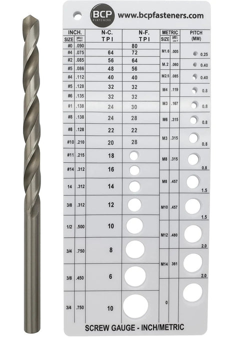 Front view of screw thread gauge card with metric and SAE sizes and drill/tap recommendations beside a twist drill