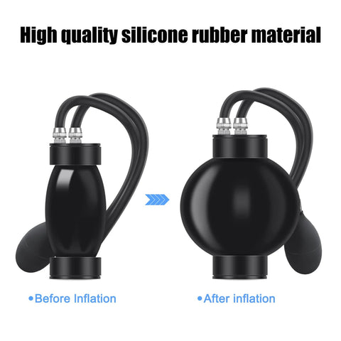 OBDMONSTER bladder adapter from front view with silicone hoses; before and after inflation.
