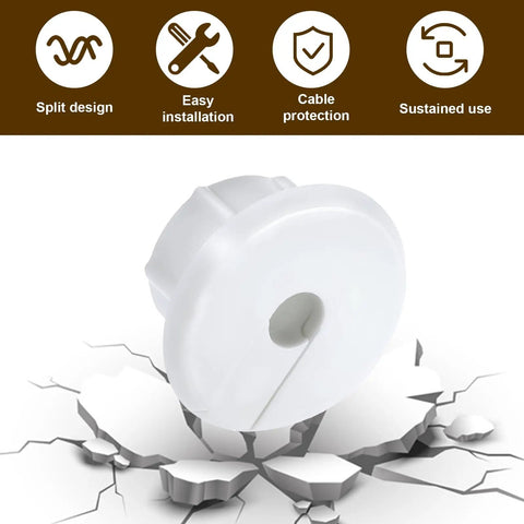 White 4 Pack 1 Inch Wall Cable Pass Through Grommet displayed with installation features, cable protection description visible.