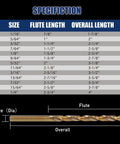 Front view of 13-piece cobalt drill bit set with index storage box; M35 HSS, sizes 1/16–1/4, gold bits