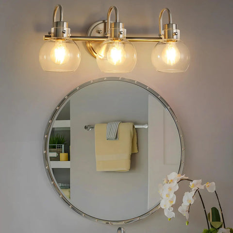 3 Bulb Brushed Nickel Wall Sconce With Clear Globe Glass Shade Totally Straight Fire Farmhouse Lighting Fixture For Bathroom Mirror And Kitchen E26 Socket Base Legit above round mirror with towel and orchid