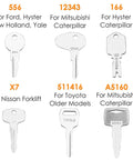 12 Heavy Equipment Forklift Keys Master Set On One Ring showing keys for various brands like Ford, Mitsubishi, Hyster, Toyota, and Nissan