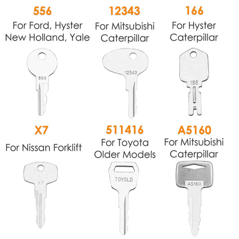 12 Heavy Equipment Forklift Keys Master Set On One Ring showing keys for various brands like Ford, Mitsubishi, Hyster, Toyota, and Nissan