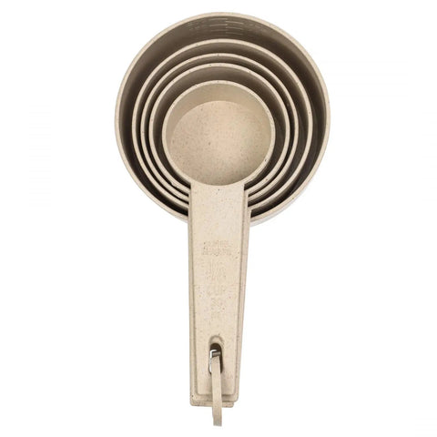 Top view of Wheat Straw Measuring Cups And Spoons Set Ten Piece For Cooking And Baking With Assorted Sizes, stacked neatly
