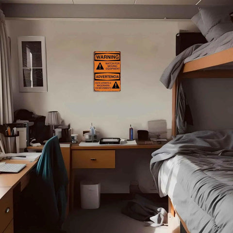 Warning Moving Equipment Metal Sign 8x12 Inch Aluminum Wall Decor in bedroom setting above desk next to bunk bed