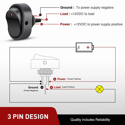 Five Pack LED Lighted Rocker Switch 12V 30A 3 Pin SPST Oval 12mm Hole On Off Toggle wiring diagram with labels