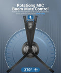 Diagram of Wireless Headset With Mic For Work Calls showing mic boom mute control, Bluetooth 5.2, USB dongle, noise cancelling mic feature.