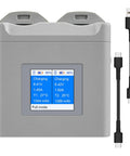 Portable Dual Bay Drone Battery Charger With Color Screen Display showing charge levels and current, compact ABS design