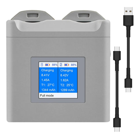 Portable Dual Bay Drone Battery Charger With Color Screen Display showing charge levels and current, compact ABS design