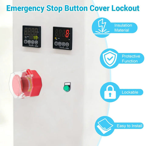 Emergency Stop Button Lockout Cover Kit Four Pack for Industrial Control Panels showing transparent cover with red push button