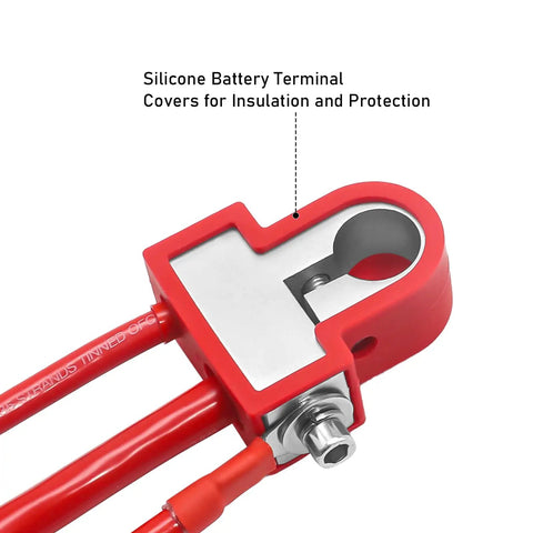 Silicone battery terminal cover on red car battery clamp with insulated cable and bolt connection