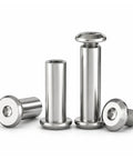 Badass Hex Socket Binding Post Bolts with Barrel Nuts Furniture Connector Fasteners made of 304 Stainless Steel 40 mm M3 OD 4 mm 5 pcs Kit arranged in a display.