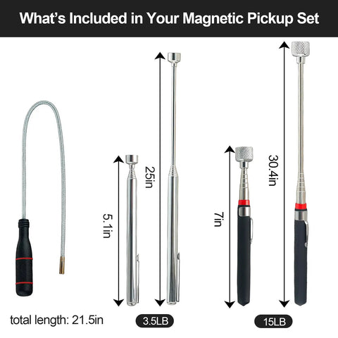 3 In 1 Magnetic Pickup Set with 15 lb telescoping retriever, 3.5 lb slim magnet, and flexible shaft with ergonomic grip