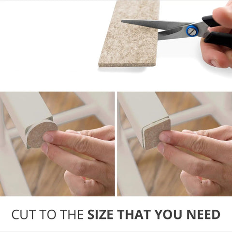 Heavy Duty No Sweat Adhesive Felt Furniture Pads cut to size for easy application on furniture legs, protecting floors from scratches.