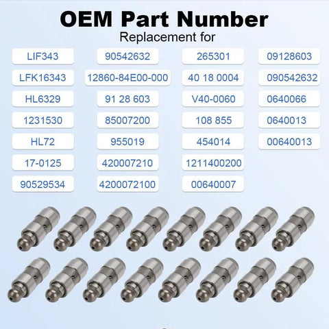 16 Piece Hydraulic Valve Lifter Set For 1.4L L4 Engines Compatible With Buick Encore Cadillac ELR Chevrolet Cruze Limited Sonic Trax Volt Replacement Parts LIF343 LFK16343 9128603 Premium Quality For Your Ride on display showing OEM part numbers and individual lifters