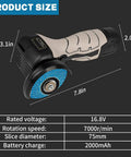Side view of Powerful Cordless Angle Grinder Kit With 13000RPM Speed, Compact Mini Electric Grinding Tool, dimensions shown