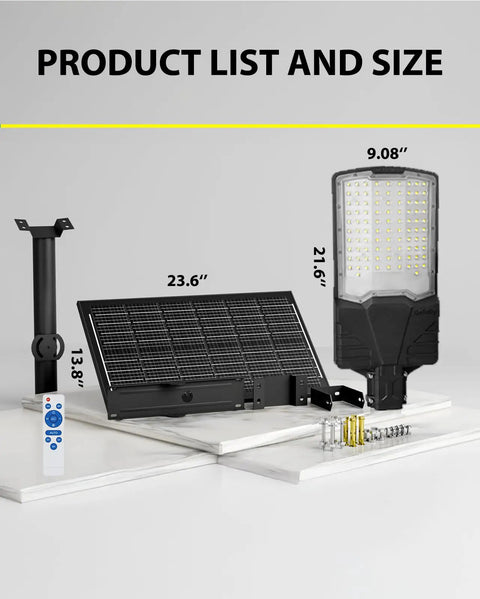 Heavy Duty Commercial Solar Street Light Featuring Badass 6500K Daylight LEDs Rock Solid IP68 Waterproof Security Flood Lamp components showing sizes.