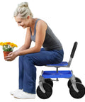 Height Adjustable Gardening Rolling Seat With 360 Degree Swivel And Tool Tray Comfortable On Wheels Stool For Back Saving Work In The Garden Ideal For Gardeners And Seniors Blue in use by a gardener holding a flower pot.