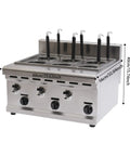 Commercial Stainless Steel Six Hole Gas Pasta Cooker With Hose Low Pressure Valve And Mesh Filters Straight Up Solid Noodle Boiler Dumplings Soup Stock Pot Essentials with control dials and hooks.