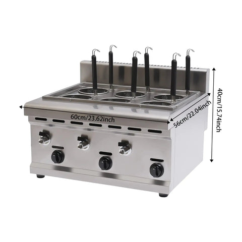 Commercial Stainless Steel Six Hole Gas Pasta Cooker With Hose Low Pressure Valve And Mesh Filters Straight Up Solid Noodle Boiler Dumplings Soup Stock Pot Essentials with control dials and hooks.