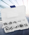 Open box showing 304 Stainless Steel E Clip Retaining Snap Ring Circlip Kit 1.5 To 10mm Fits Shaft Grooves And Machinery