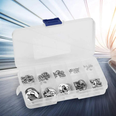 Open box showing 304 Stainless Steel E Clip Retaining Snap Ring Circlip Kit 1.5 To 10mm Fits Shaft Grooves And Machinery
