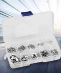 Lightweight Retaining Clamp E Clip Kit, 120Pcs Stainless Steel 304 Snap Ring Circlip Set in plastic storage box displayed