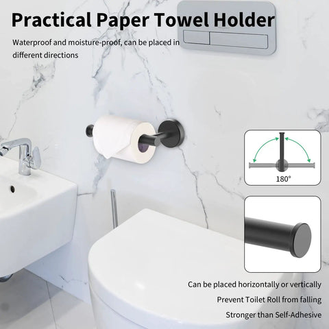 Matte Black 10 Piece Bathroom Hardware Set With 24 Inch Towel Bar 18 Inch Towel Rack Robe Hook And Toilet Paper Holder For Wall Mounted Easy Install Sleek Stainless Steel Accessories showing toilet paper holder mounted on wall.