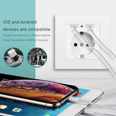 Straight Up Wall Outlet With Dual Usb Ports 5V 2 1A Fast Power 16A EU Standard Plugs charging iOS and Android devices.