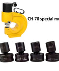 Single Hole Punch Die Set For Hydraulic Punch Tool Compatible With CH 70 Machines, shown with various die sizes and yellow punch tool.