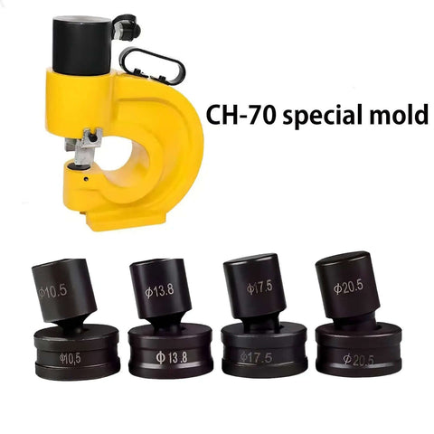 Single Hole Punch Die Set For Hydraulic Punch Tool Compatible With CH 70 Machines, shown with various die sizes and yellow punch tool.