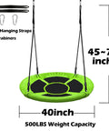 40 Inch Saucer Tree Swing For Kids With 500 Lb Weight Capacity Waterproof Platform Swing Seat And Adjustable Ropes For Outdoor Backyard Playground Fun Heavy Duty Steel Frame shown with size labels and free accessories